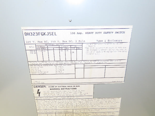 Eaton DH323FGKJSEL Fusible Disconnect Safety Switch 3 Pole 100A 240V 3Ph