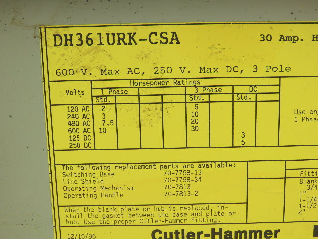 Cutler Hammer DH361URK-CSA Non Fusible Disconnect Safety Switch 30A 600V 3Ph