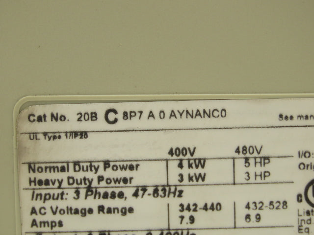 Allen Bradley 20BC8P7A0AYNANC0 PowerFlex 700 AC Drive VFD 5Hp 480V 3PH Ser B