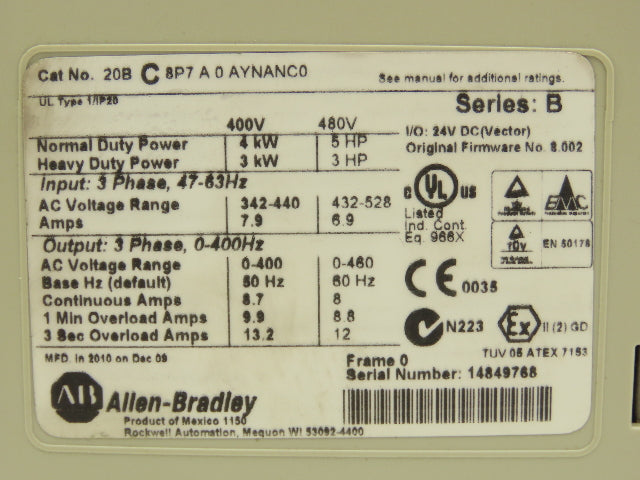 Allen Bradley 20BC8P7A0AYNANC0 PowerFlex 700 AC Drive VFD 5Hp 480V 3PH Ser B