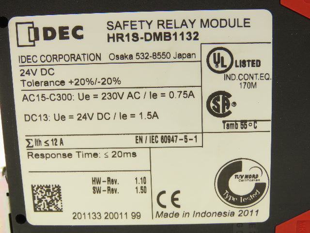 IDEC HR1S-DMB1132 Safety Relay Module 24VDC HW-Rev 1.10 HW-Rev 1.50