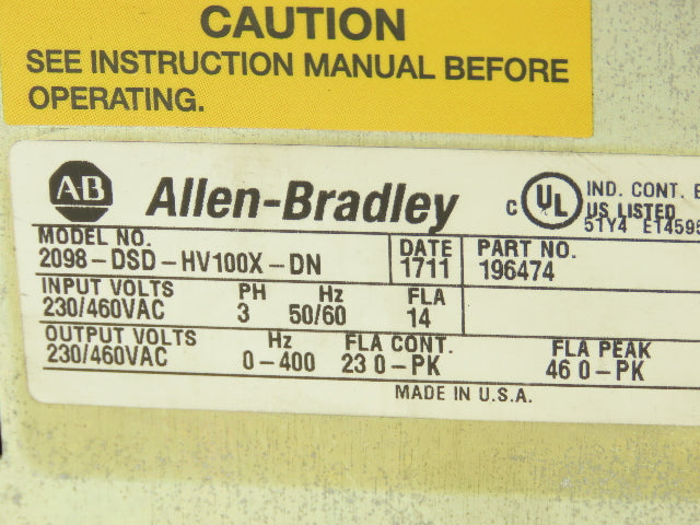 Allen Bradley 2098-DSD-HV100X-DN Ultra 3000 Servo Drive 3Ph Series B FW. V1.60