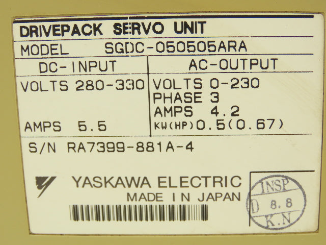Yaskawa SGDC050505ARA Drivepack Servo Unit 280-330V Input 0-230V Output 3Ph 4.2A