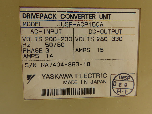 Yaskawa JUSP-ACP15GA Drivepack Converter Unit 3ph AC In 280-330V DC Out 15A