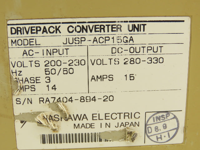 Yaskawa JUSP-ACP15GA Drivepack Converter Unit 3ph AC In 280-330V DC Out 15A