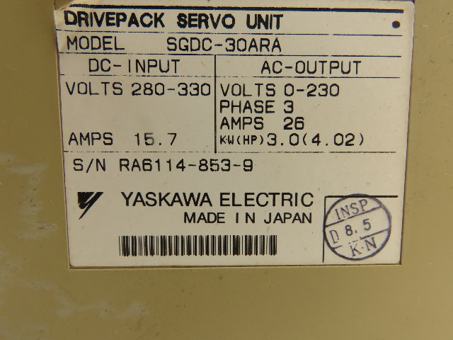 Yaskawa SGDC-30ARA Drivepack Servo Unit 280-330V Input 0-230V Output 3Ph 26A 3kW