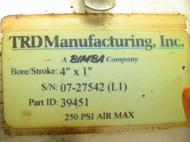 Bimba TRD 39451 4x1" Double Rod Pneumatic Air Cylinder 4"Bore 1"Stroke 250psi