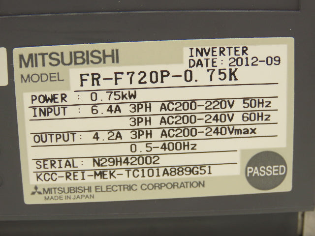 Mitsubishi Electric FR-F720P-0. 75K Inverter Drive .75KW 240VAC 3Ph 6.4A 50-60Hz