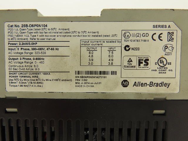Allen Bradley 25B-D6P0N104 Powerflex 525 VFD Variable Frequency Drive 480V 3HP