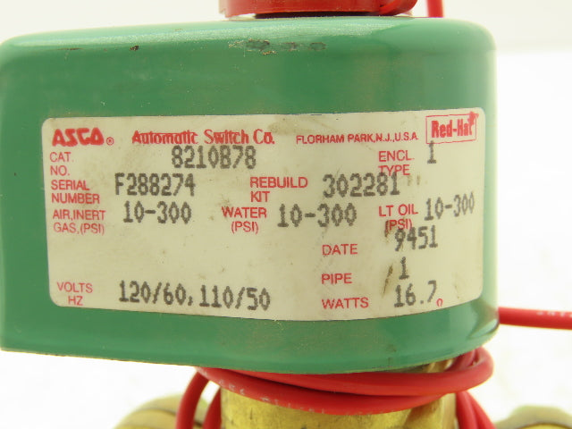 Asco 8210B78 Solenoid Valve 1"NPT 10-300PSI 120VAC 50-60 Hz 16.7 Watts