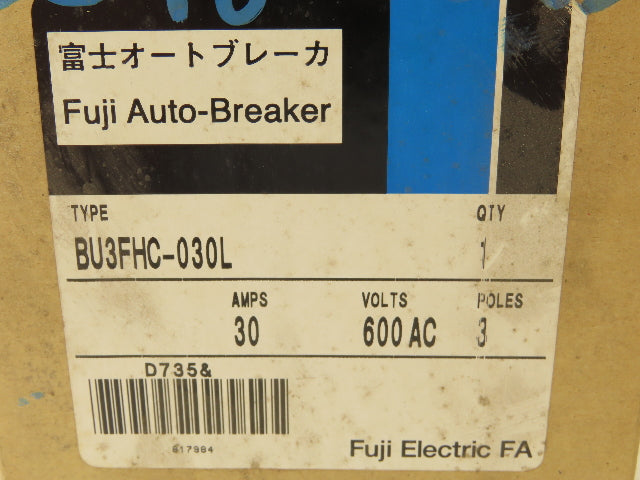 Fuji Electric BU3FHC-030L Circuit Breaker 3Ph 30A 600VAC 3 Pole 250VDC