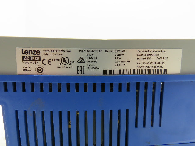 Lenze ESV751N02YXB AC Tech SMVector 1HP Variable Frequency AC Drive VFD 240V 1Ph