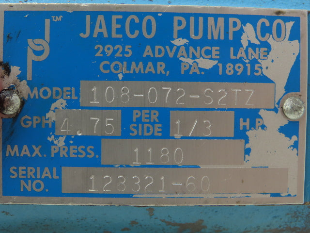 Jaeco 108-072-S2TZ Hydraulic Plunger Metering Pump 4.75 GPH 1180psi 1/3Hp