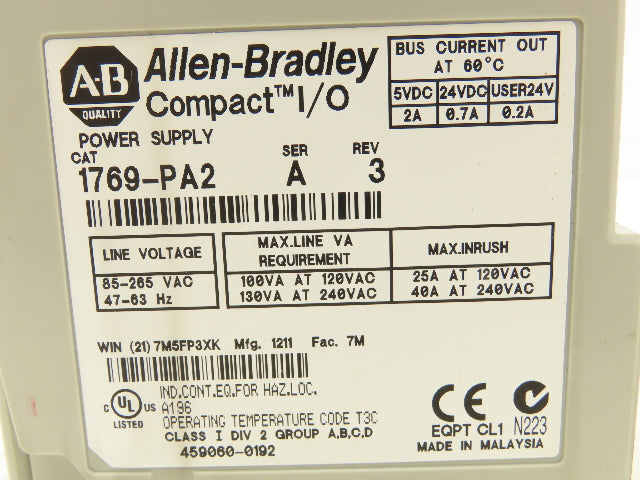 Allen Bradley 1769-PA2 Compact I/O Power Supply Series A W/Terminator End Cap