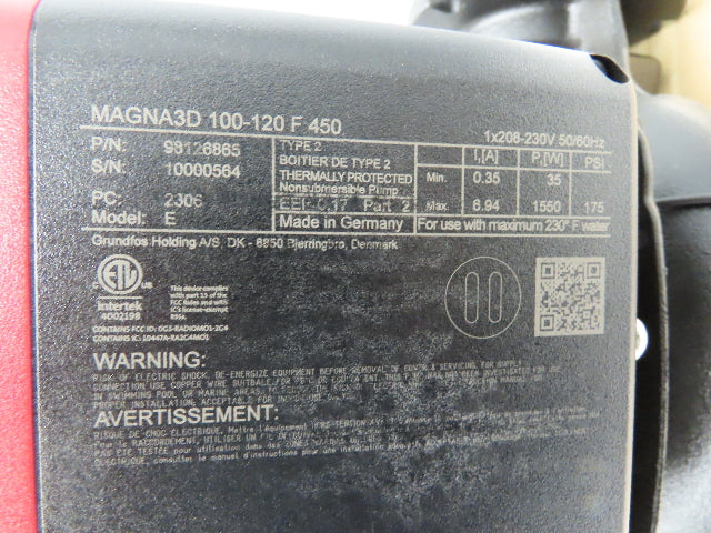 Grundfos MAGNA3 D 100-120 F 450 4" Twin Circulator Pump 165GPM 230V 1PH 98126865
