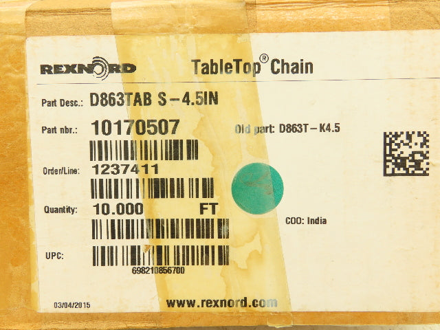 Rexnord D863TAB S-4.5 TableTop Conveyor Chain Side Flex 4.5"x 10'L Gray