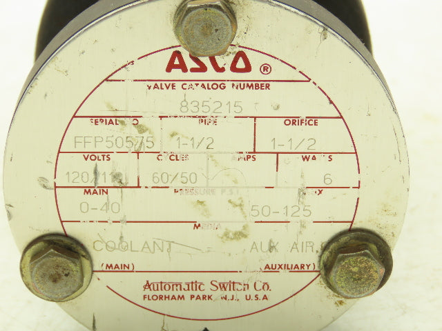Asco 835215 Shutoff Valve 1-1/2"NPT 120VAC Main 0-40PSI Aux 50-125PSI