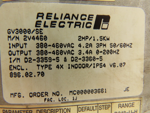Reliance Electric 2V4460 GV3000/SE Sensorless Enhanced AC Drive 2Hp 300-460V 3Ph