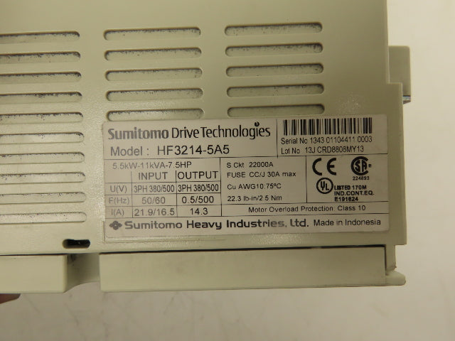 Sumitomo HF3214-5A5 VFD Inverter AC Drive 380/500V 5.5kW 7.5HP 3PH Missing Screw