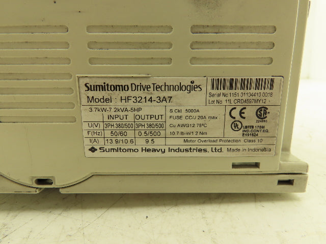Sumitomo HF3214-3A7 VFD Inverter AC Drive 380/500V 3.7kW 5HP 3PH Missing Screw