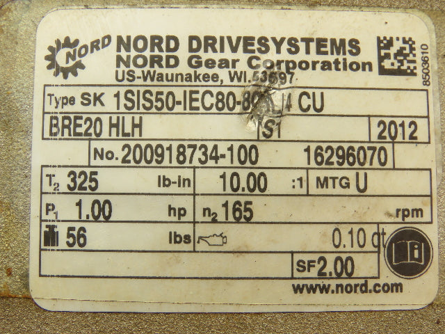Nord SK1SIS50-IEC80-80L/4 CU BRE20 HLH Gearbox 10:1 Reducer 1Hp 1" Hollow Shaft