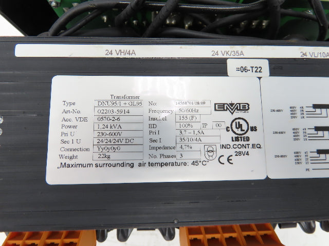 EMB Wittlich DNU95/1+GL95 Power Transformer 1.24kVA 230-600V Multi-Tap 24VDC