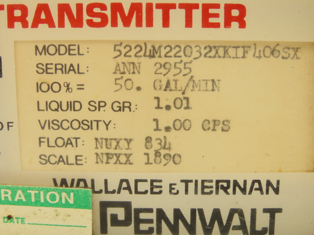 Wallace & Tiernan 522LM22032XKIF406SX Flow Meter Dial Transmitter 50 GPM Gal/Min