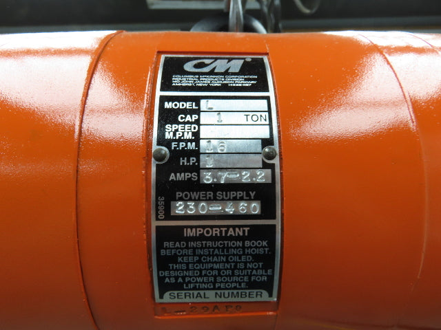 CM Lodestar L 1 Ton Electric Chain Hoist 16 FPM 14' Lift 230/460 Volt 3PH