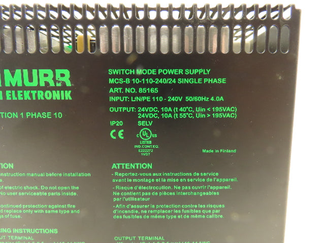 Murr Elektronic 85165 DC Power Supply Switching Mode 24VDC 10A 100-240V In