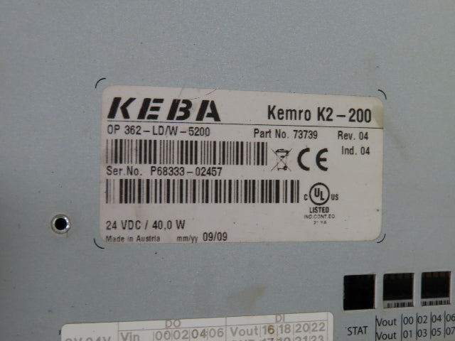 Keba OP-362 Kemro K2-200 HMI Operator Touch Panel 24V DC /40.0W Rev. 04 Ind. 04