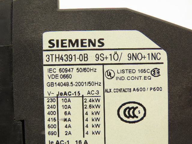 Siemens 3TH4391-0B Contactor Relay 9NO + 1NC 24V Coil 10A 600V 91E 3TH43