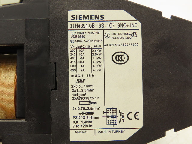 Siemens 3TH4391-0B Contactor Relay 9NO + 1NC 24V Coil 10A 600V 91E 3TH43