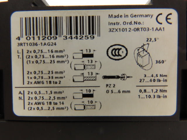 Siemens 3RT1036-1AG24 Motor Starter Contactor w/Varistor 50HP 600V 3PH 120V Coil