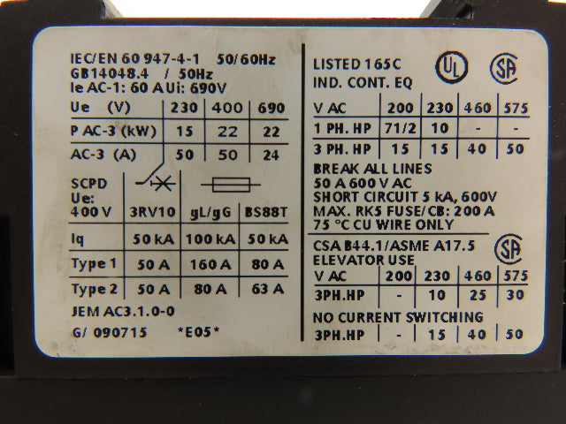 Siemens 3RT1036-1AG24 Motor Starter Contactor w/Varistor 50HP 600V 3PH 120V Coil