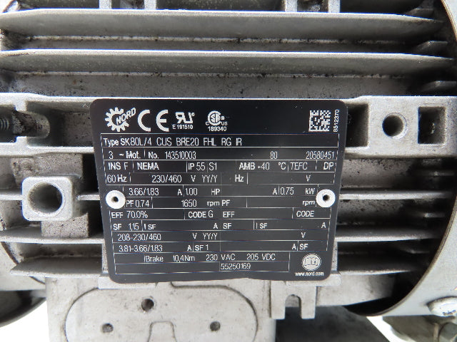 Nord SK80L/4 CUS BRE20 FHL RG IR Brake Motor 1Hp 1650rpm 230/460V 3PH