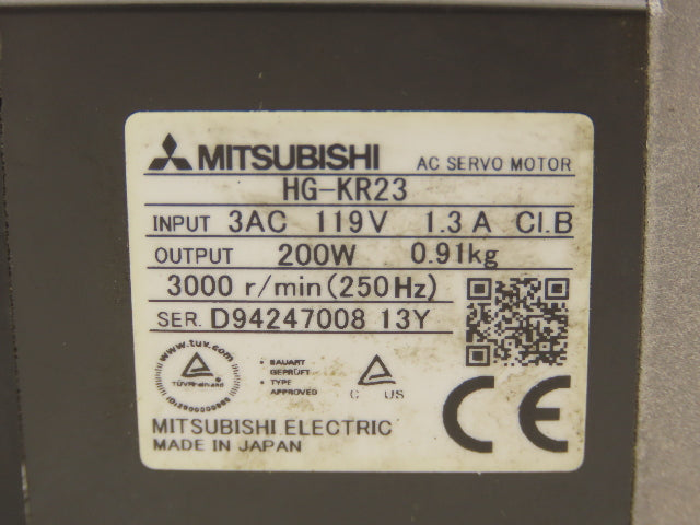 Mitsubishi HG-KR23 AC Servo Motor 119V 3PH 200W 3000 RPM