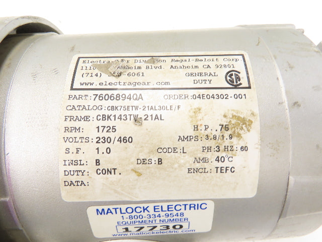 Electra Gear CBK75ETW-21AL30LE/F Gearmotor 30:1/58rpm .75Hp 230/460V 3PH w/Brake