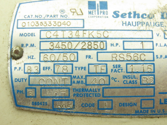 Leeson Sethco C4T34FK5C Pump Motor 1Hp 3450 RPM 230/460V 3PH RS56C 5/8"Shaft