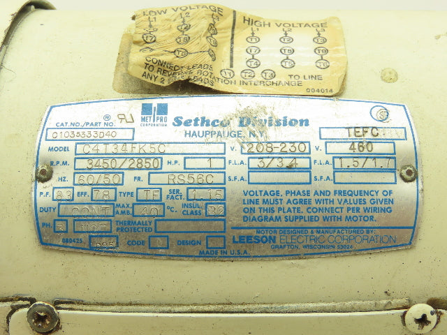 Leeson Sethco C4T34FK5C Pump Motor 1Hp 3450 RPM 230/460V 3PH RS56C 5/8"Shaft