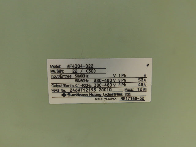 Sumitomo Heavy Industries HF4304-022 AC Drive 22kW / 30Hp 380-480V 3Ph 53A