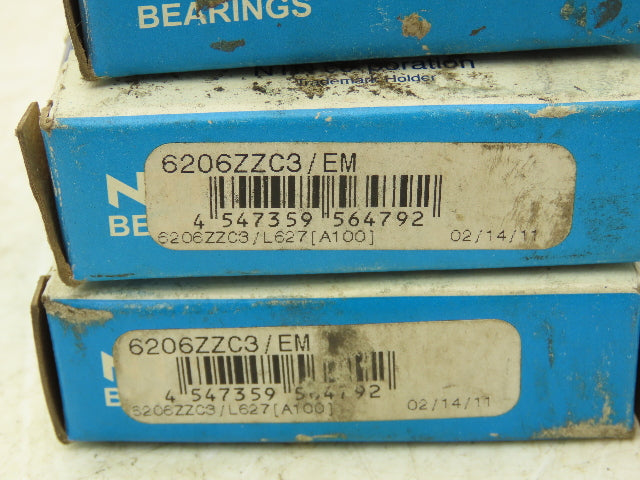 NTN 6206ZZC3/EM Ball Bearing 30mm-ID x 62mm-OD x 16mm-W Double Shielded Lot Of 3