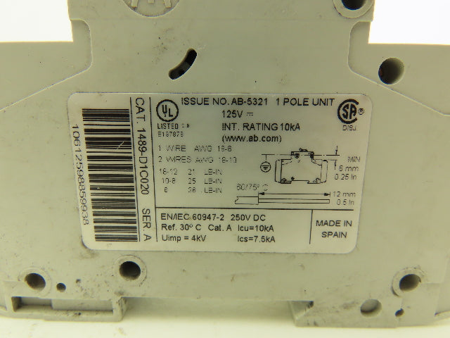 Allen Bradley 1489-D1C020 Circuit Breaker 2A 1 Pole 125 VAC Ser A Lot of 14