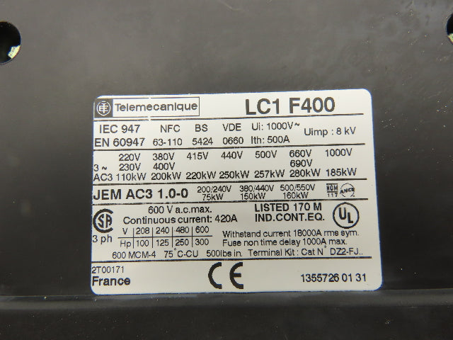 Telemecanique LC1 F400 Motor Starter Contactor 300Hp 600VAC 3 Pole 110V Coil