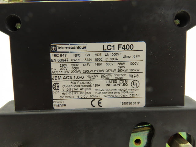 Telemecanique LC1 F400 Motor Starter Contactor 300Hp 600VAC 3 Pole 110V Coil