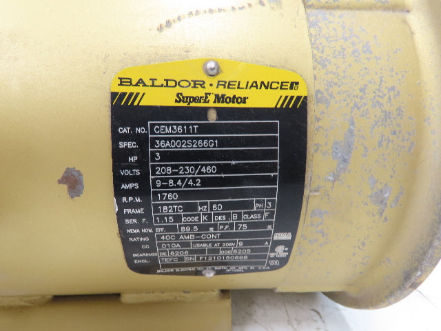 Baldor CEM3611T AC Electric Motor Super E 3Hp 1760rpm 230/460VAC 3Ph 182TC TEFC