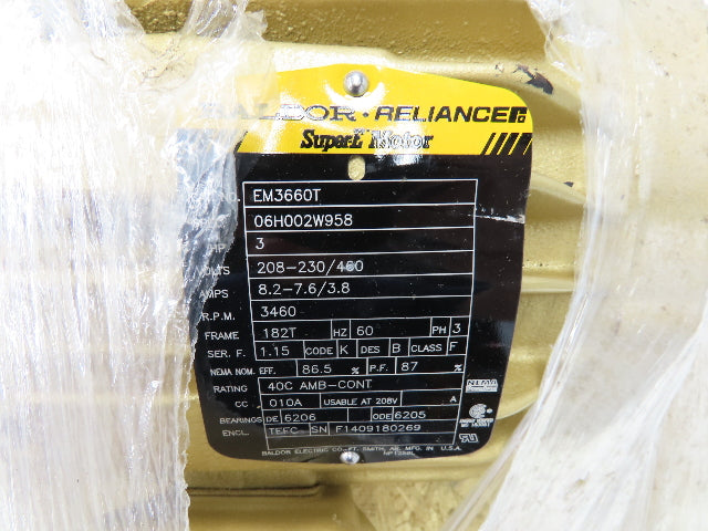 Baldor EM3660T AC Electric Motor 3Hp 3460rpm 230/460VAC 3Ph 182T 06H002W958