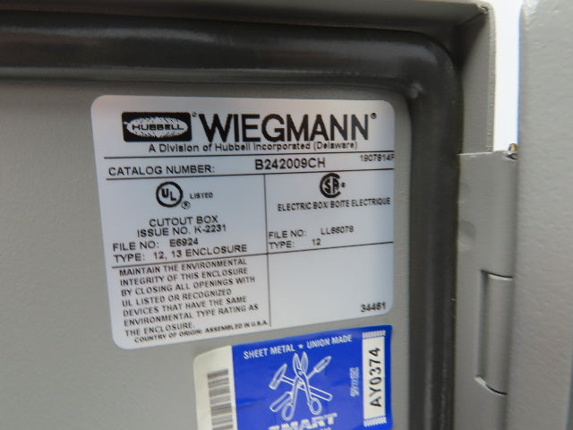 Wiegmann B242009CH Oil-Tight Electrical Enclosure Cabinet 24"x20"x 9"