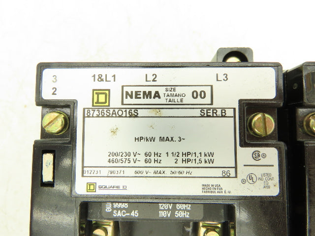 Square D 8736SAO16S AC Reversing Magnetic NEMA Starter Size 00 575V 3Ph 2Hp