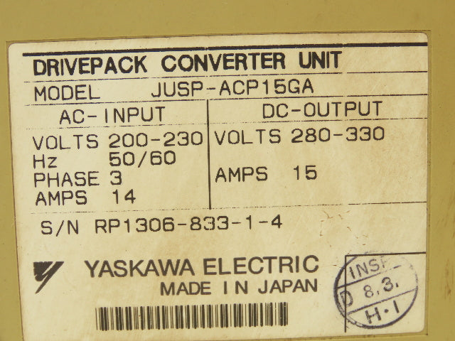 Yaskawa JUSP-ACP15GA Drivepack Converter Unit 200-230VAC 3Ph In 280-330VDC Out