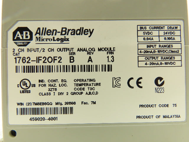 Allen Bradley 1762-IF2OF2 MicroLogix 1200 Analog I/O Mod Ser B Rev A FRN 1.3